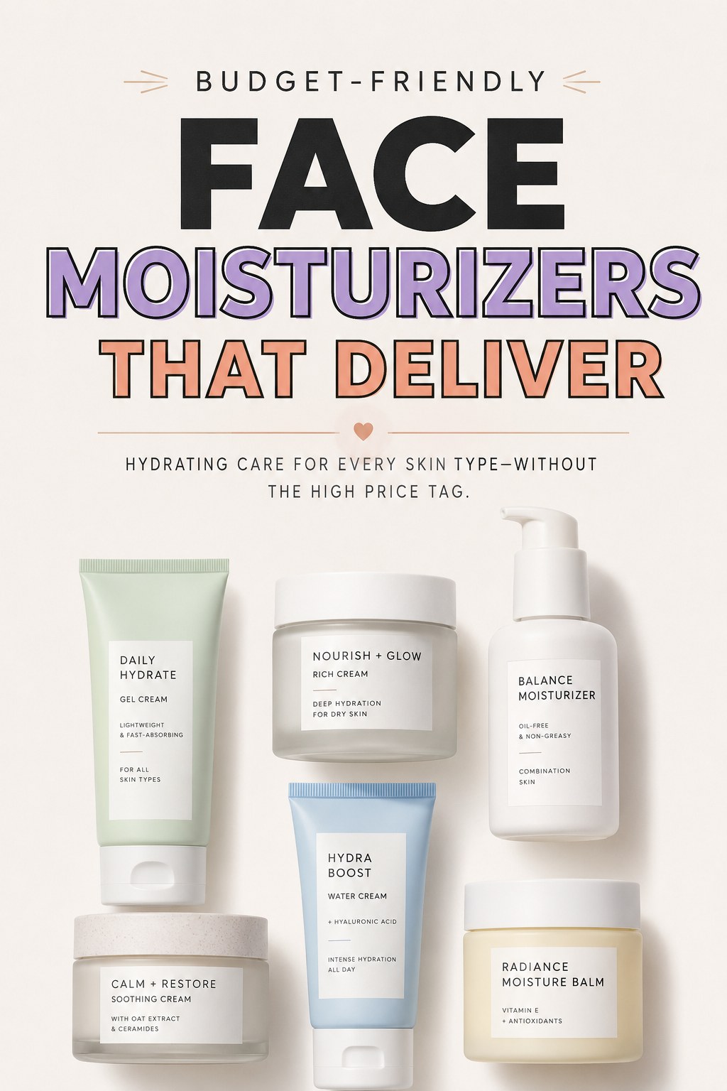 Six budget-friendly tubs and jars representing affordable moisturizers over 50 for every skin type