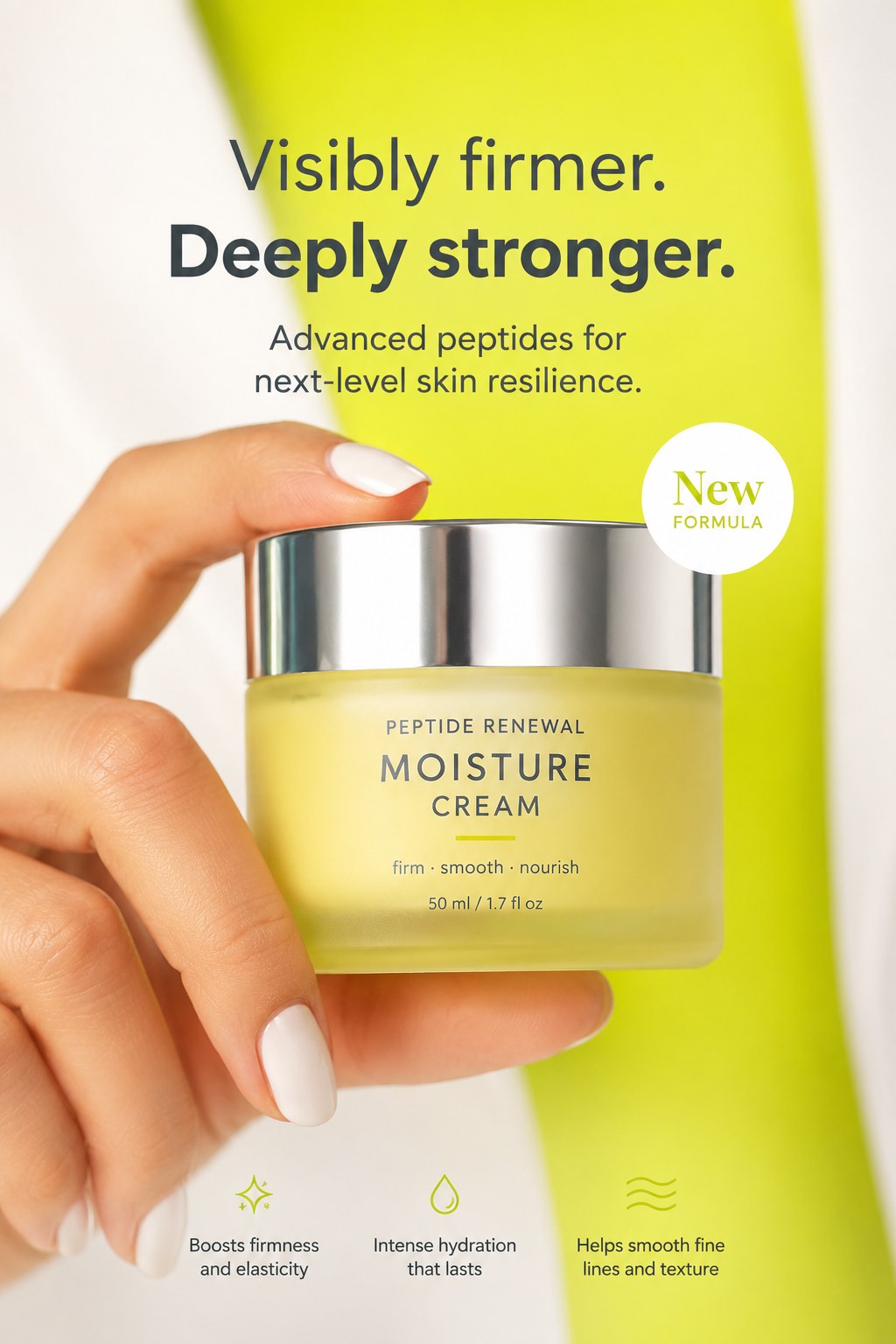 Peptide renewal moisture cream jar held in hand, a firming pick among moisturizers over 50