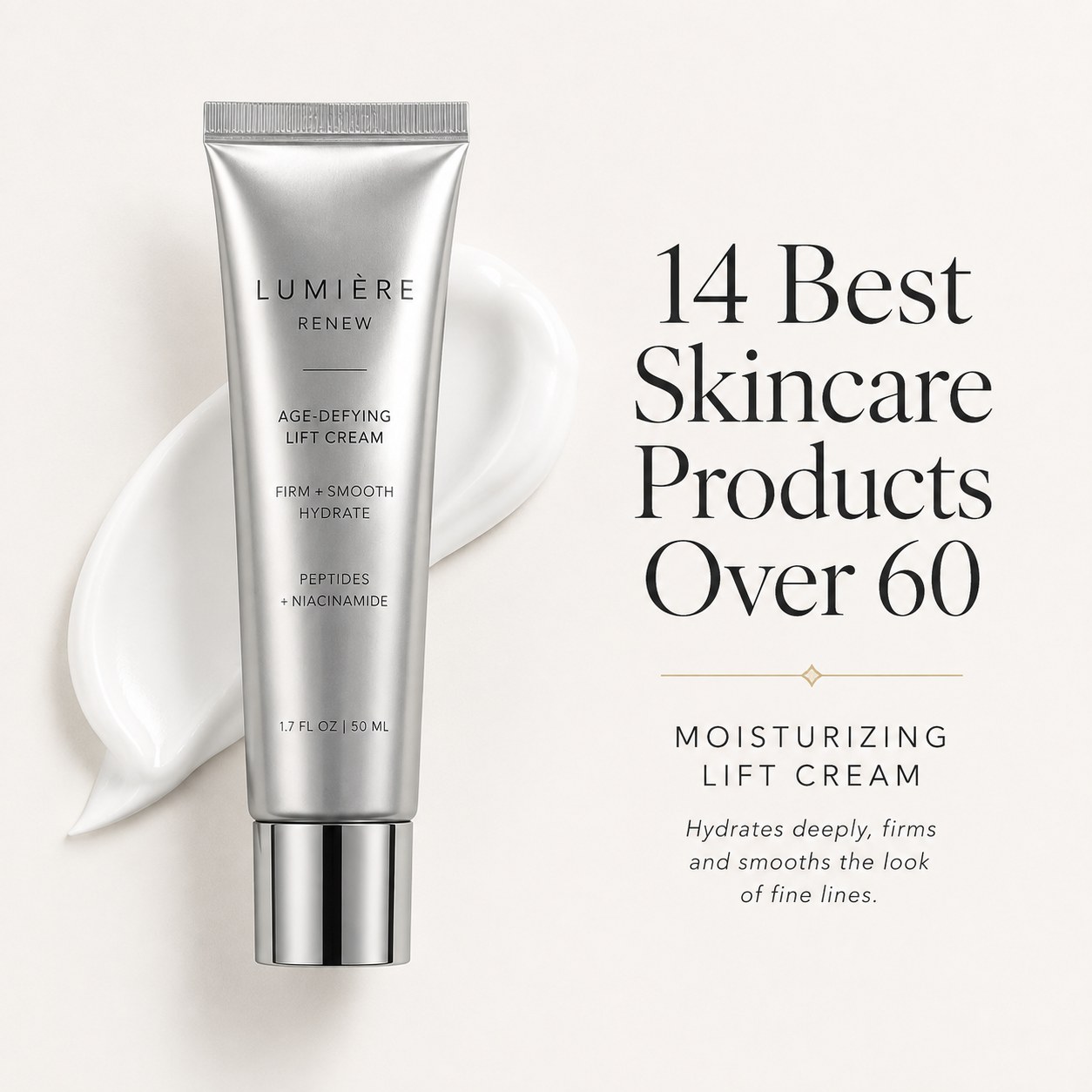 A silver tube of peptide and niacinamide lift cream, a top pick among skincare products over 60