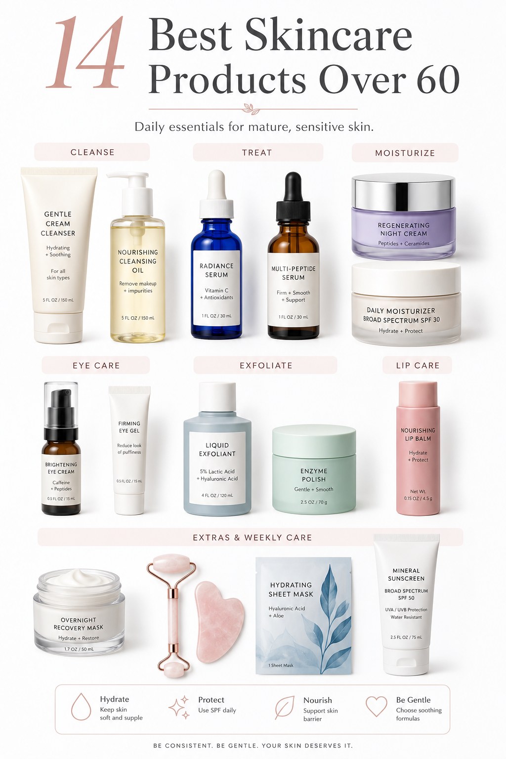 A daily skincare routine chart showing cleanse, treat and moisturise steps for skincare over 60