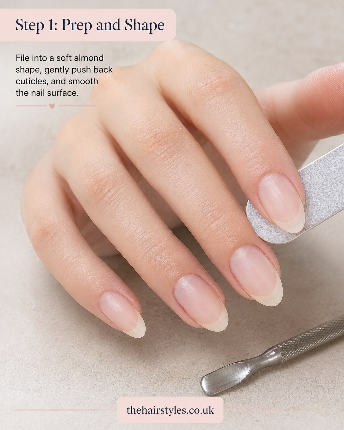 Filing nails into a soft almond shape as the first step for blueberry French tip nails