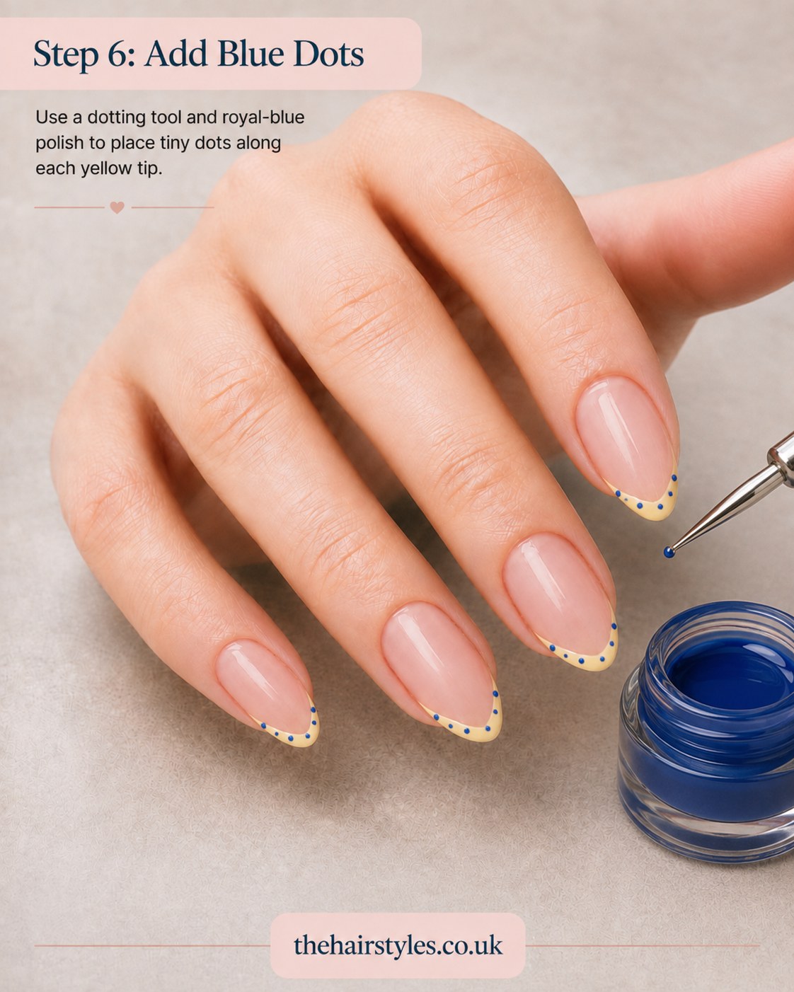 Adding tiny royal-blue dots along the yellow tips of blueberry French tip nails