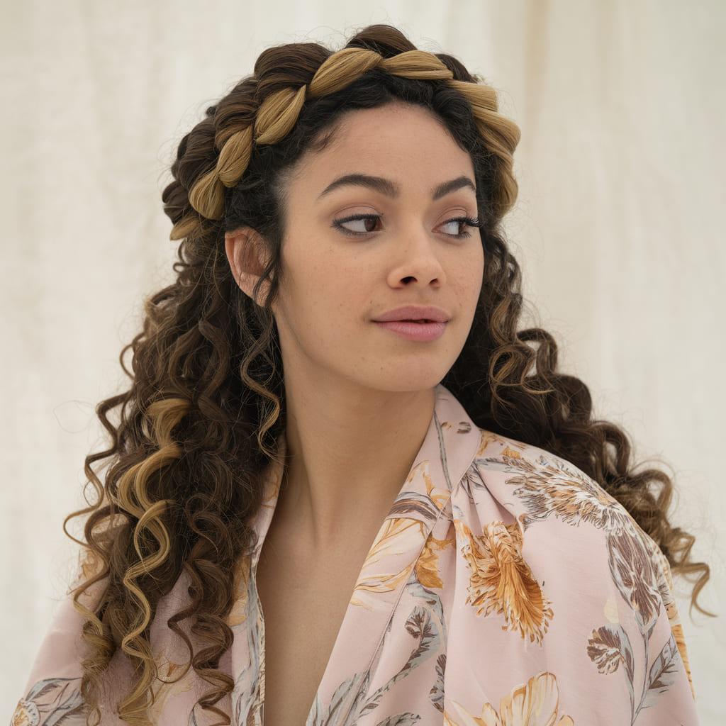 Braided crown hairstyle on curly hair