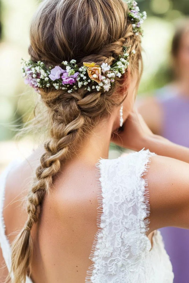 Braided hairstyle with floral accessories
