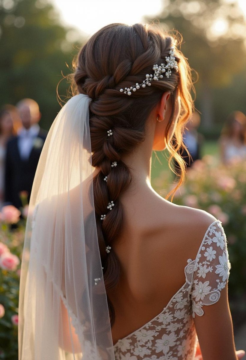 Braided hairstyle with wedding veil
