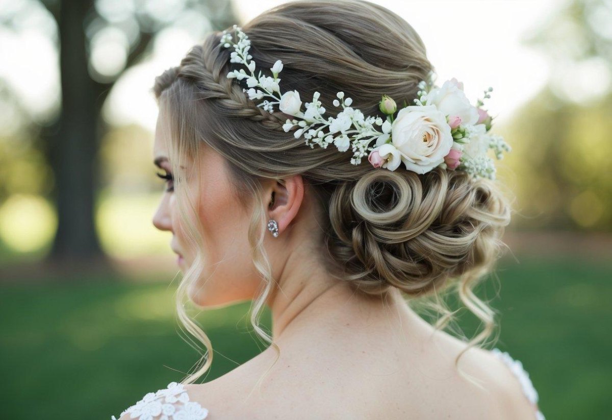 Braided bridal updo with floral accents