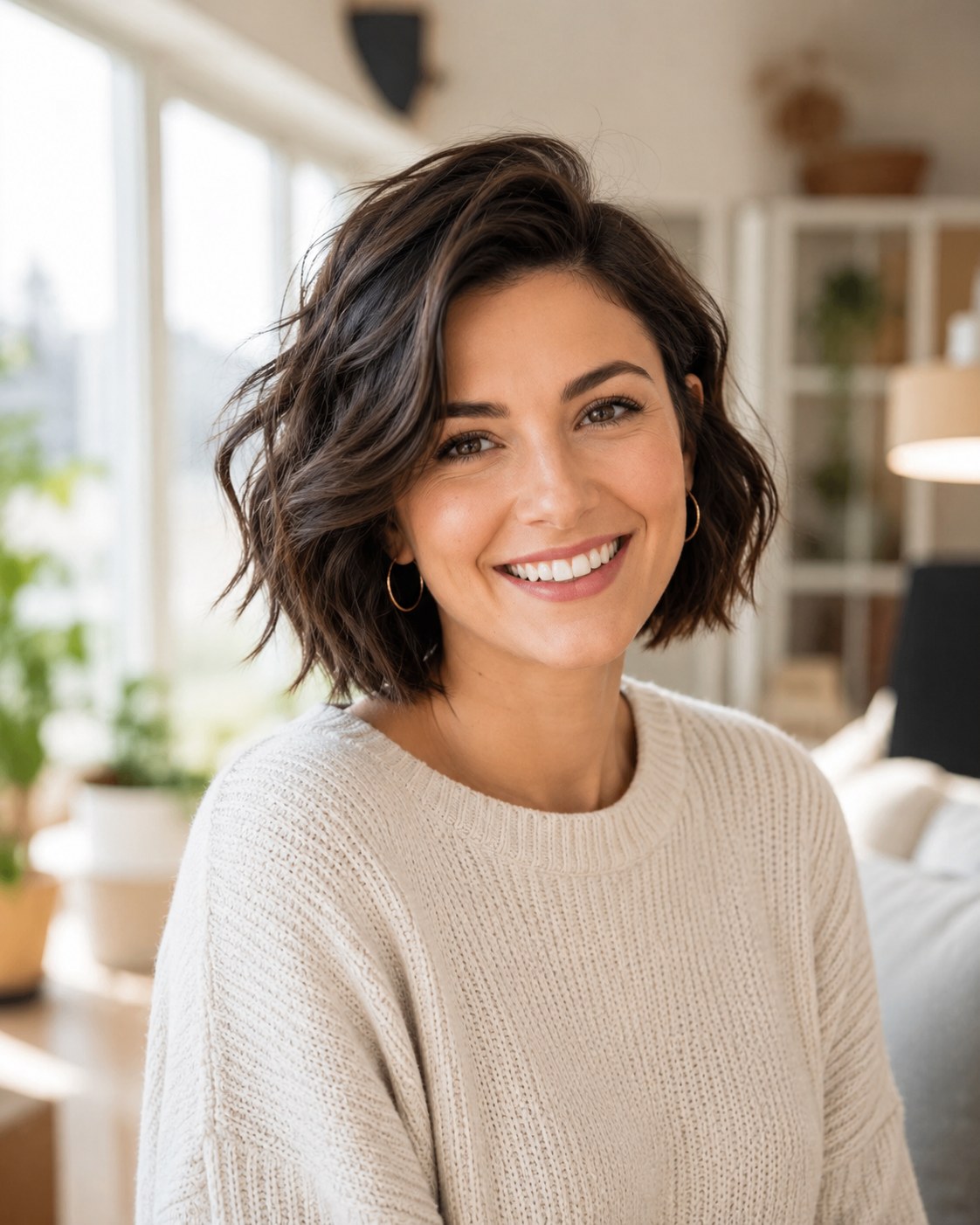 Effortless wavy choppy bob haircut with natural texture and soft face-framing waves