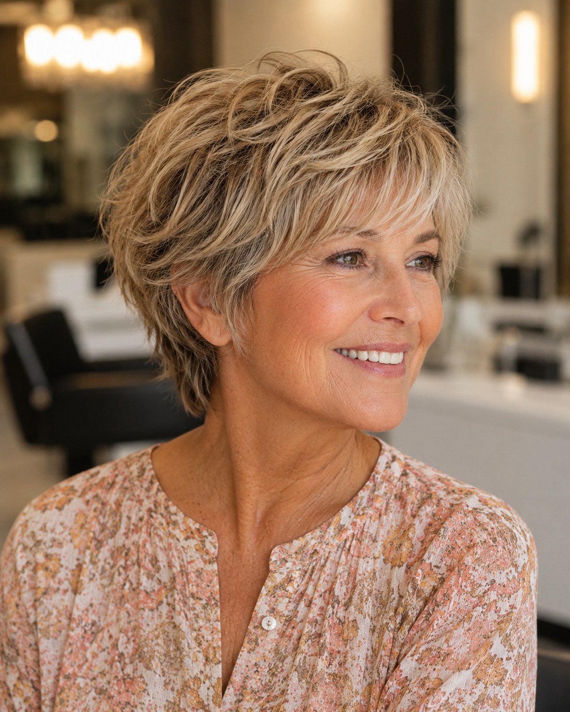 Layered choppy bob haircut with volume and soft fringe on fine grey-blonde hair
