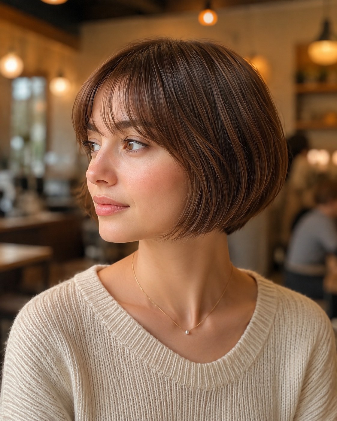 Sleek rounded choppy bob haircut with soft fringe and glossy chin-length finish
