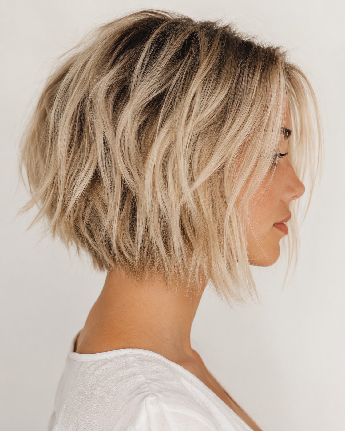 Razor-cut angled choppy bob haircut with blonde balayage and feathered ends