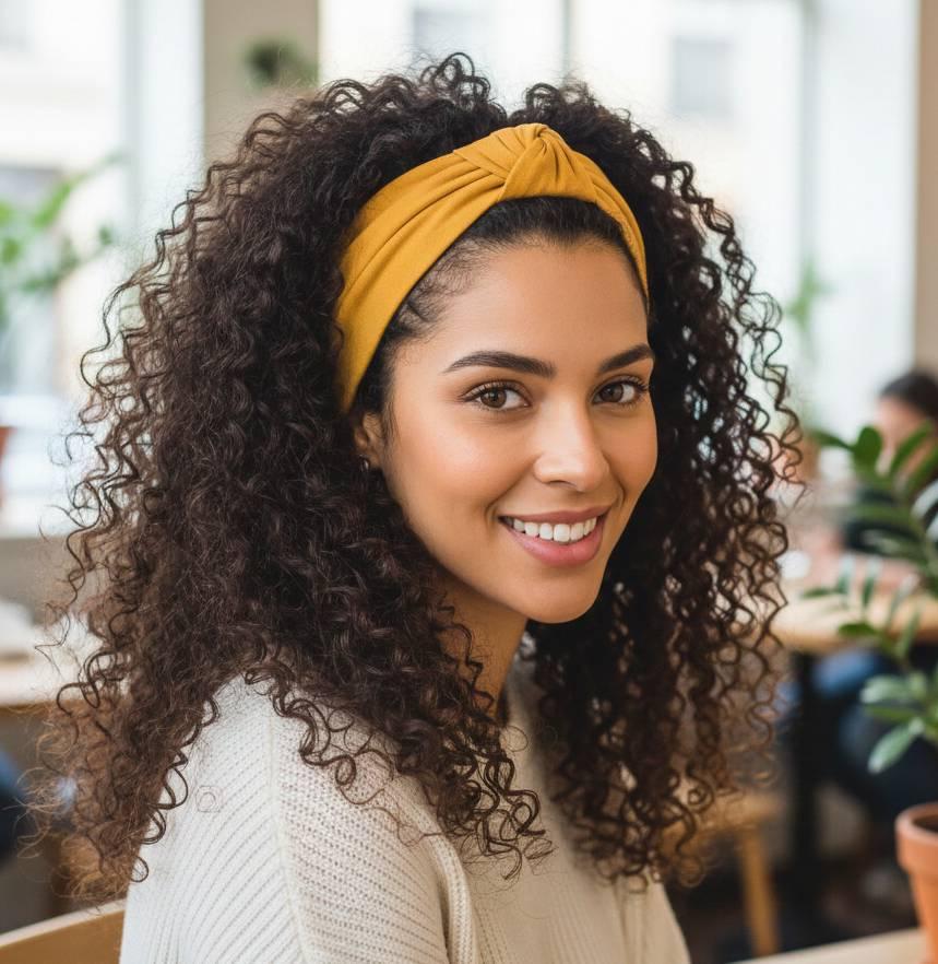 Curly hair styled with headband accessory
