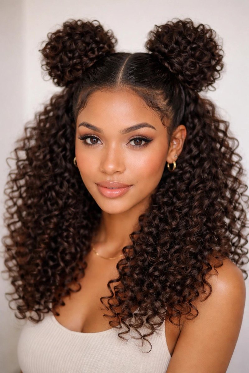 Curly hair styled into space buns