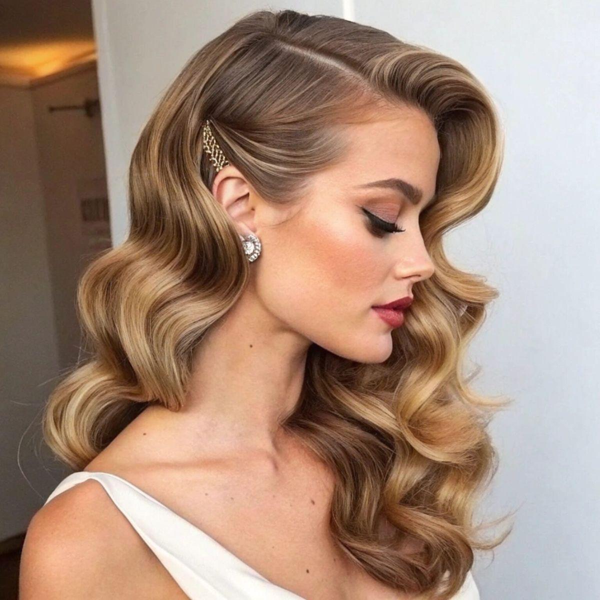 Face framing deep side part old hollywood waves