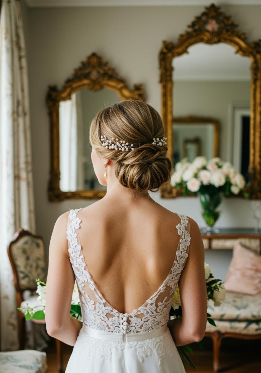 Elegant bridal chignon with soft wedding details