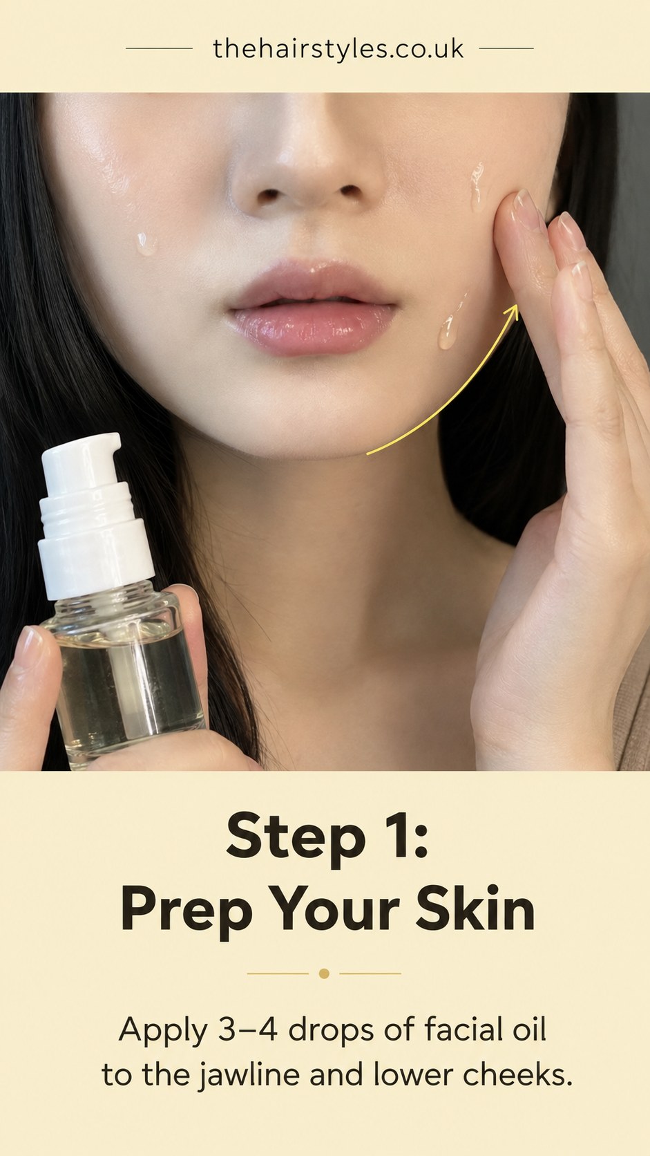 Applying facial oil to the jawline as the first step in this face slimming exercise routine