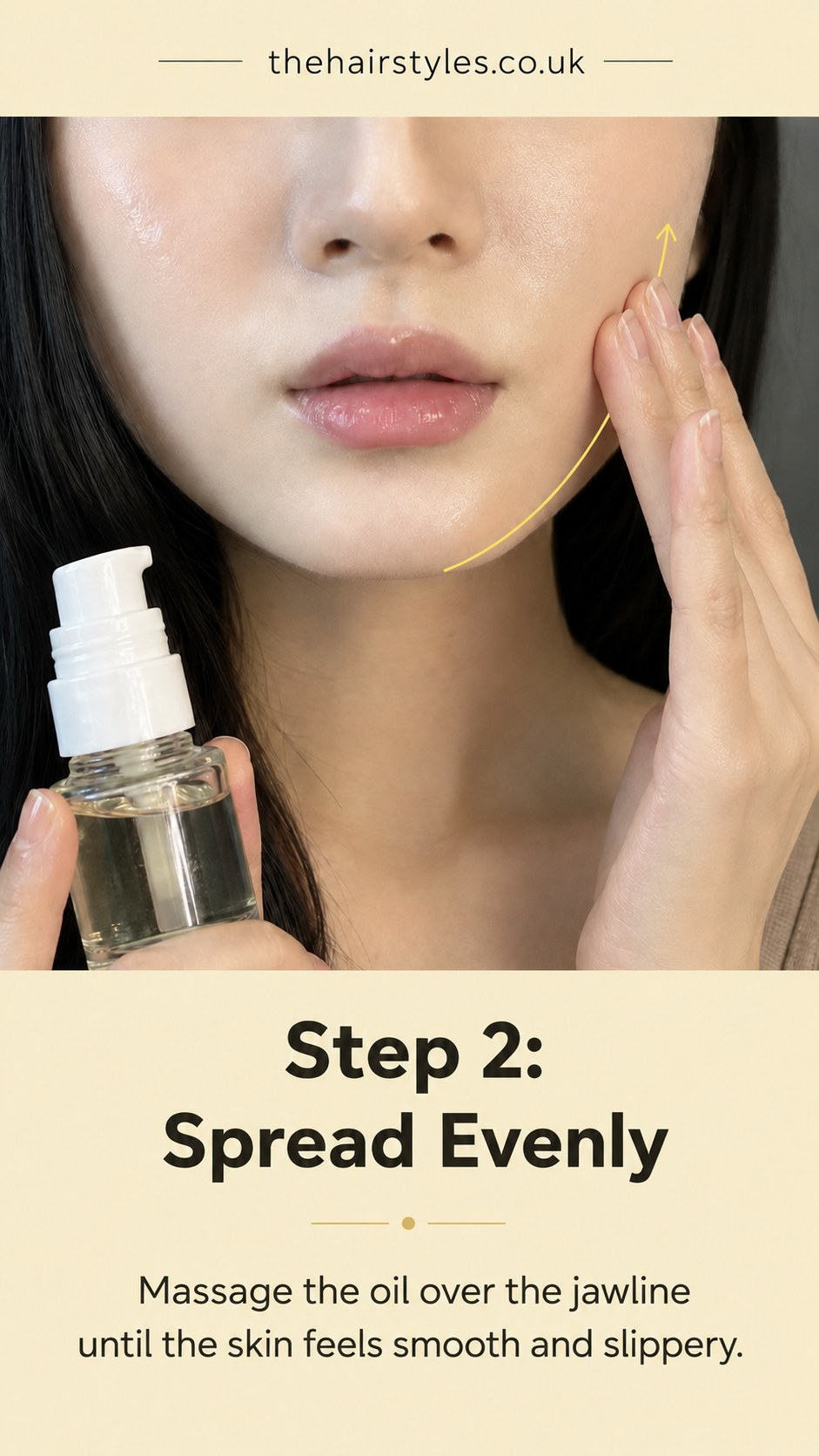 Massaging oil evenly along the jawline to prep skin for a smooth face slimming exercise glide