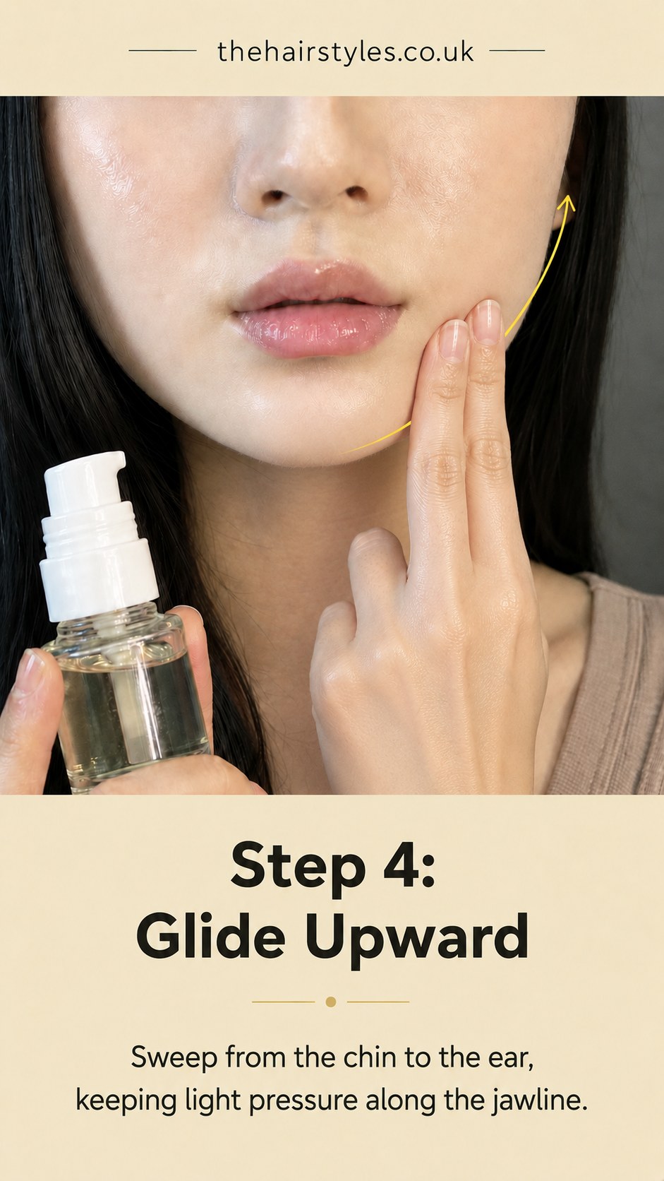 Gliding fingers upward from chin to ear during the jawline-focused face slimming exercise