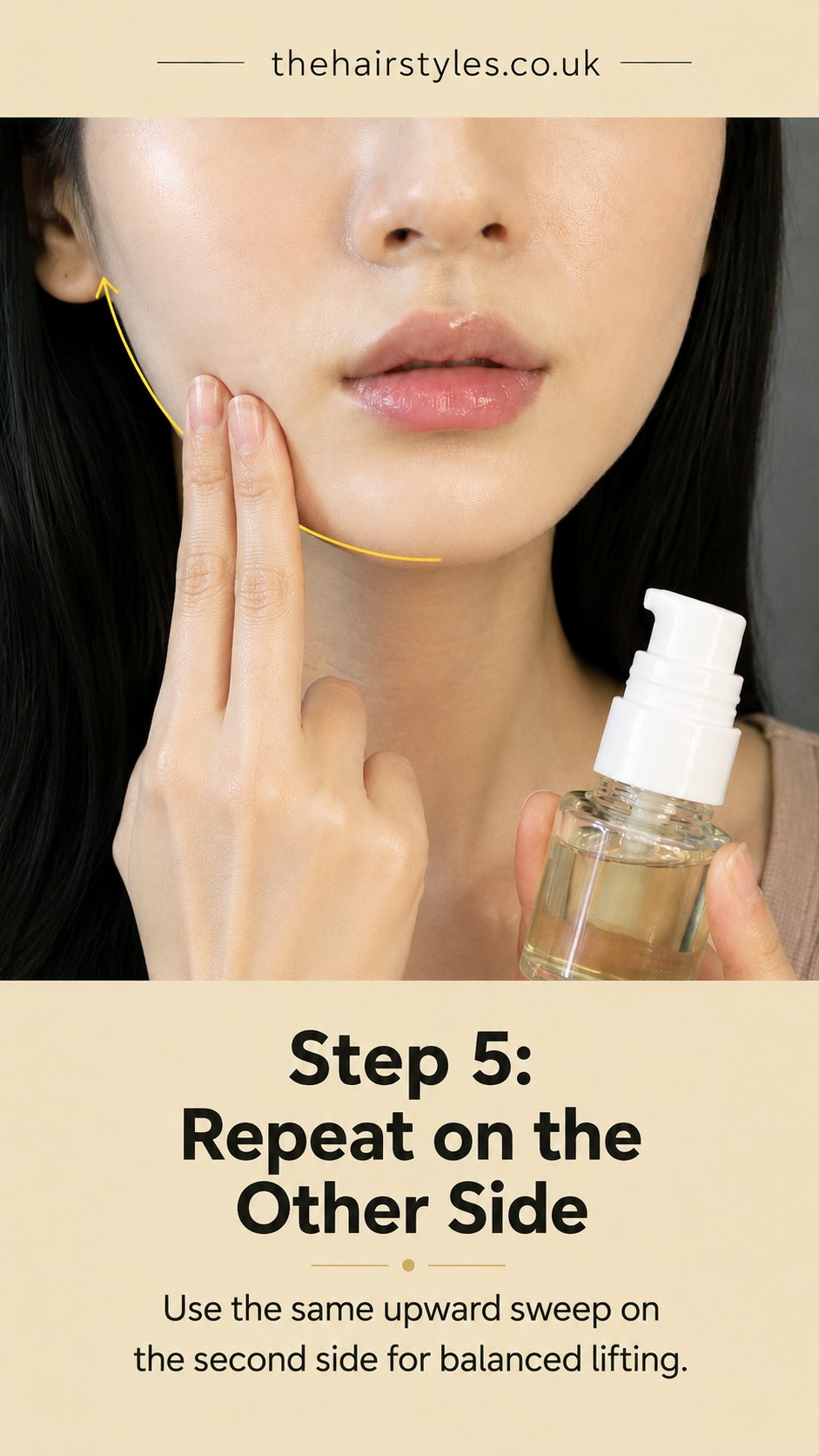 Repeating the upward sweep on the other cheek for even jawline lift in this face slimming exercise