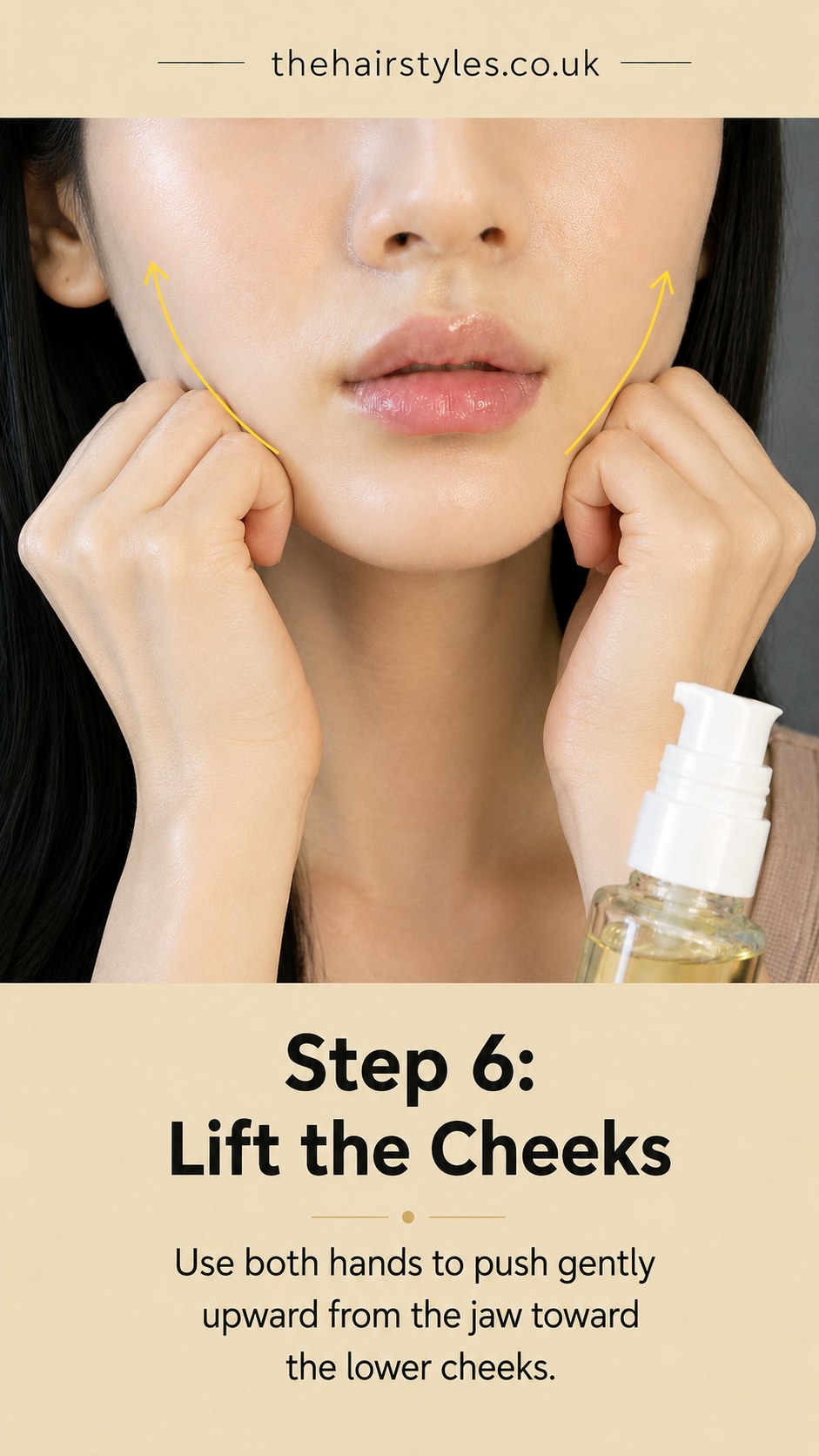 Using both hands to lift the lower cheeks as part of the face slimming exercise routine