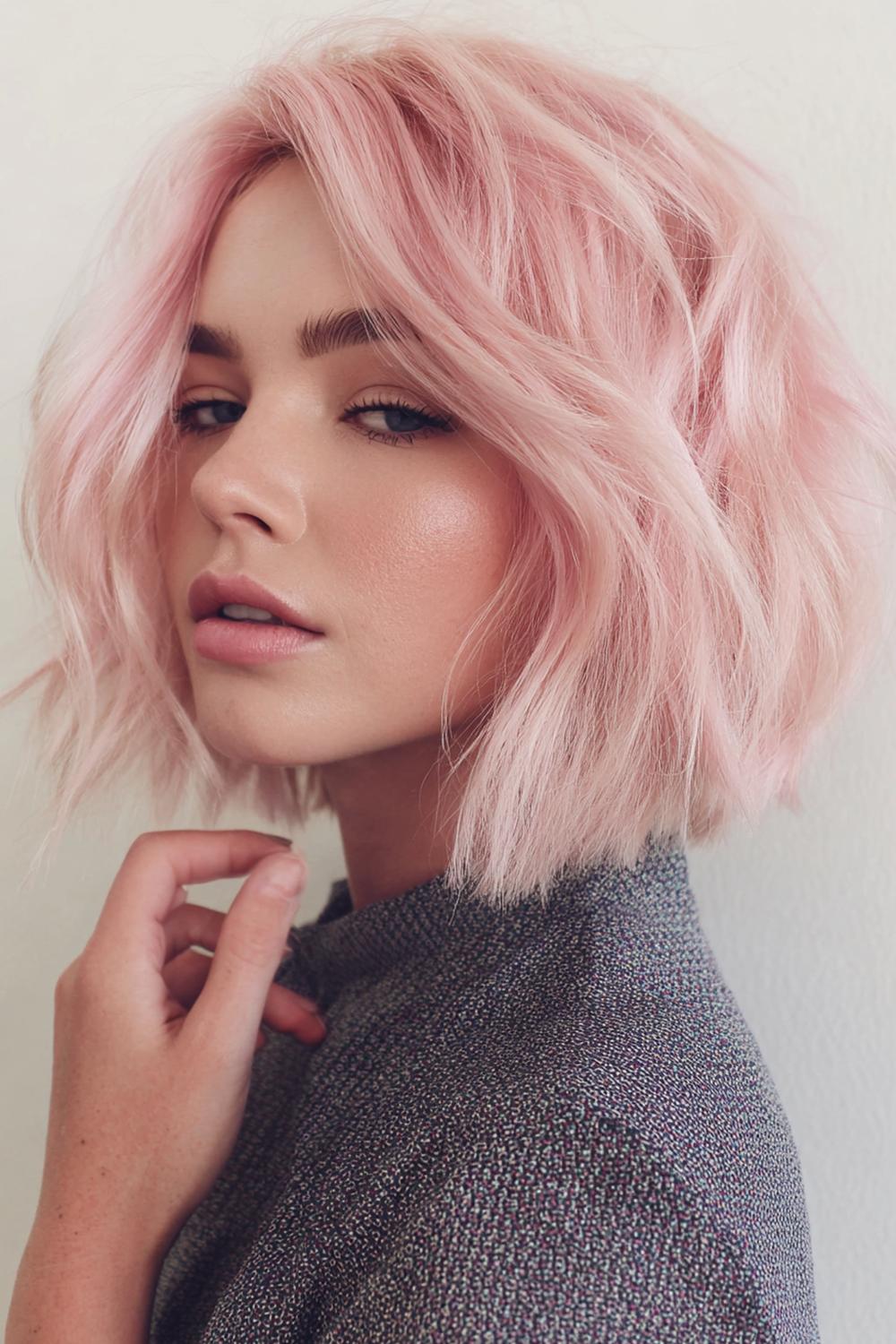 25. Fresh Hair Ideas 2026: Pastel Rose Gold Glaze on a Textured Bob