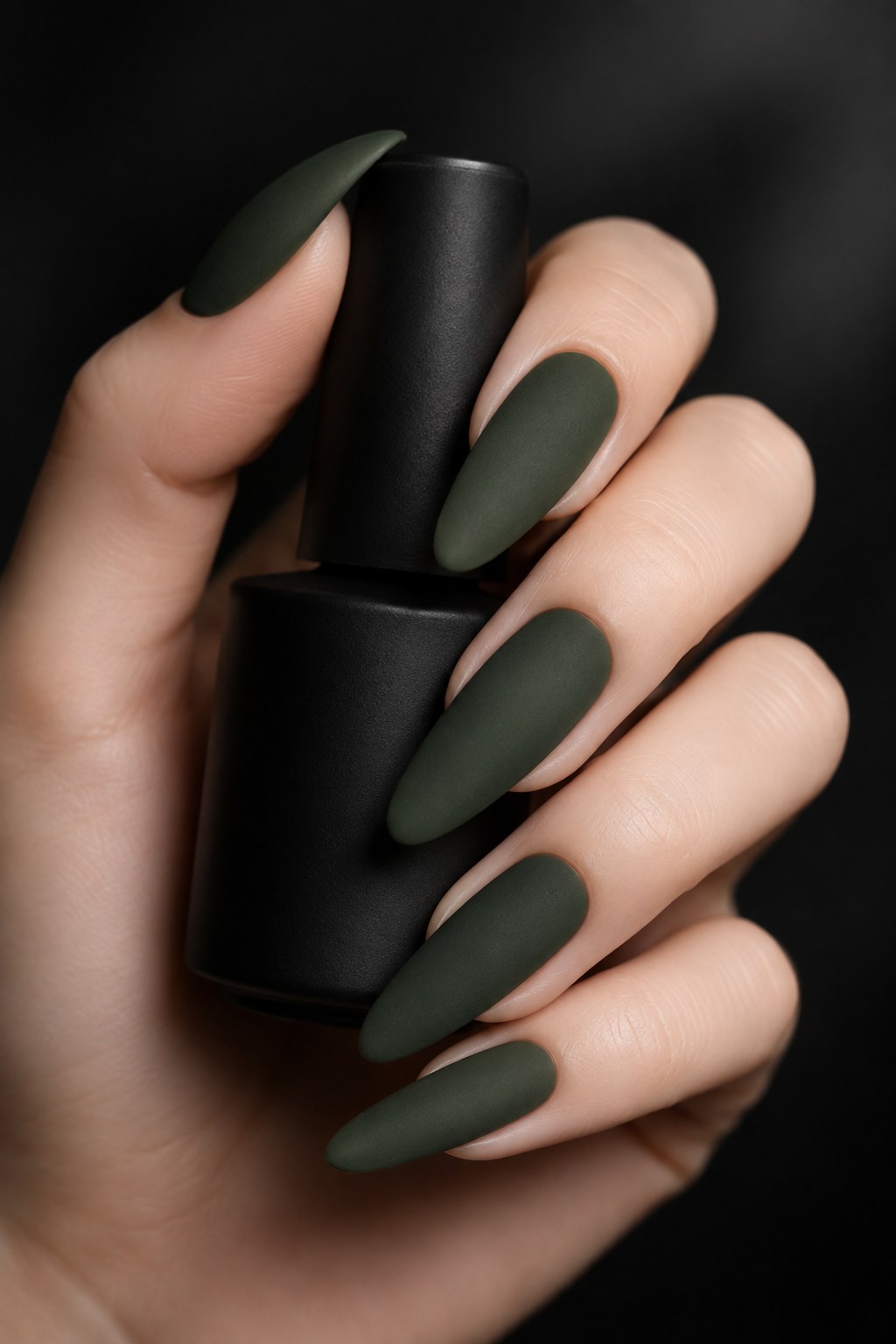 Matte deep forest green nail polish on almond nails held beside a matte black bottle