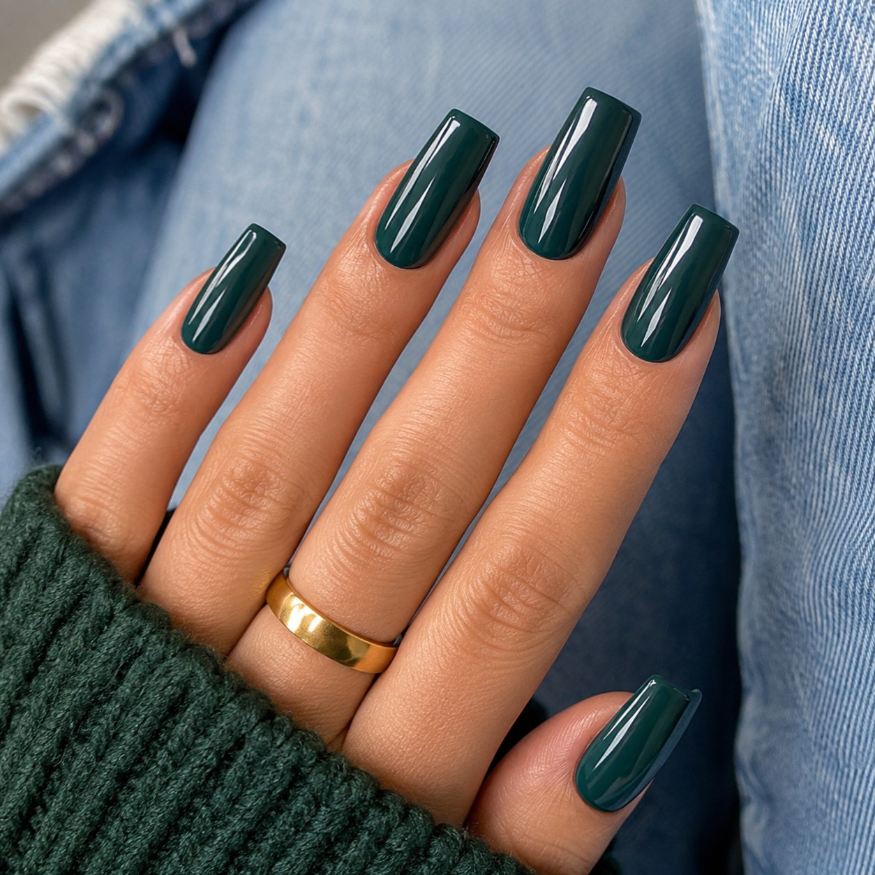Glossy bottle teal green nails against denim, a sophisticated green nail shade for autumn