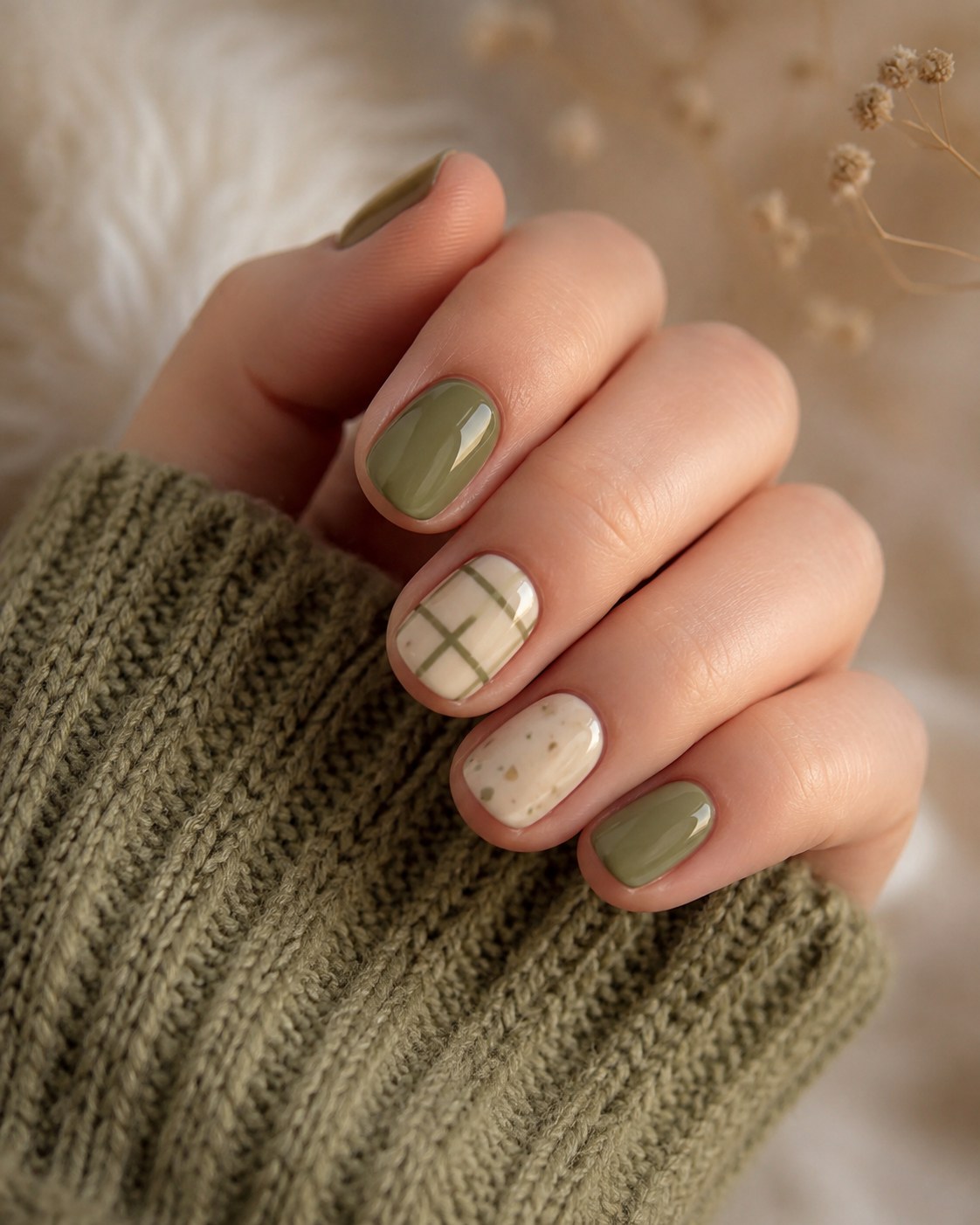 Sage green nails with cream plaid and polka dot accent nail art on a knit jumper