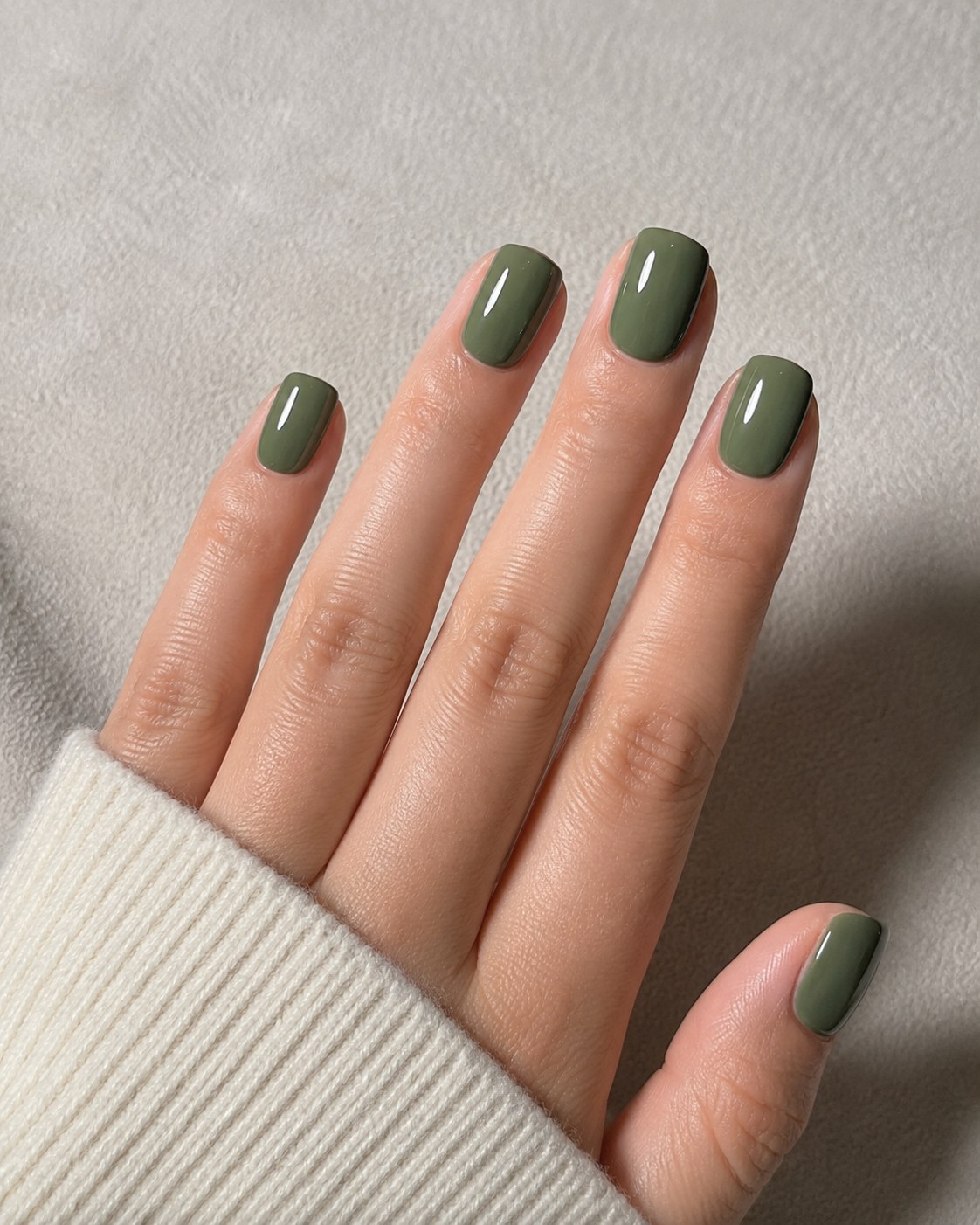 Sage green nail polish on short squoval nails against a cream knit sleeve