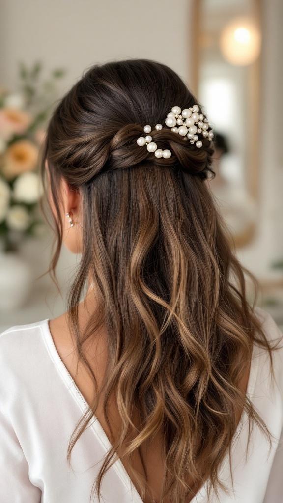 Half updo hairstyle with pearl accessories