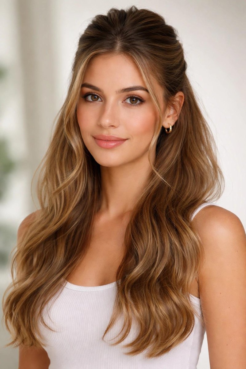 Woman wearing half up half down hairstyle