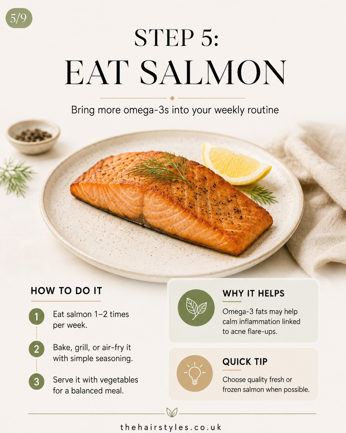 Grilled salmon fillet with lemon, an omega-3 rich choice among hormonal acne remedies