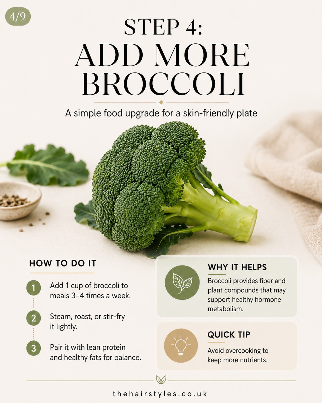 Fresh broccoli head on a plate, a skin-friendly food swap in hormonal acne remedies