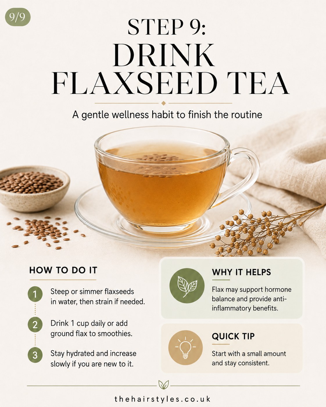 Cup of flaxseed tea with flaxseeds scattered nearby, a gentle finish to hormonal acne remedies