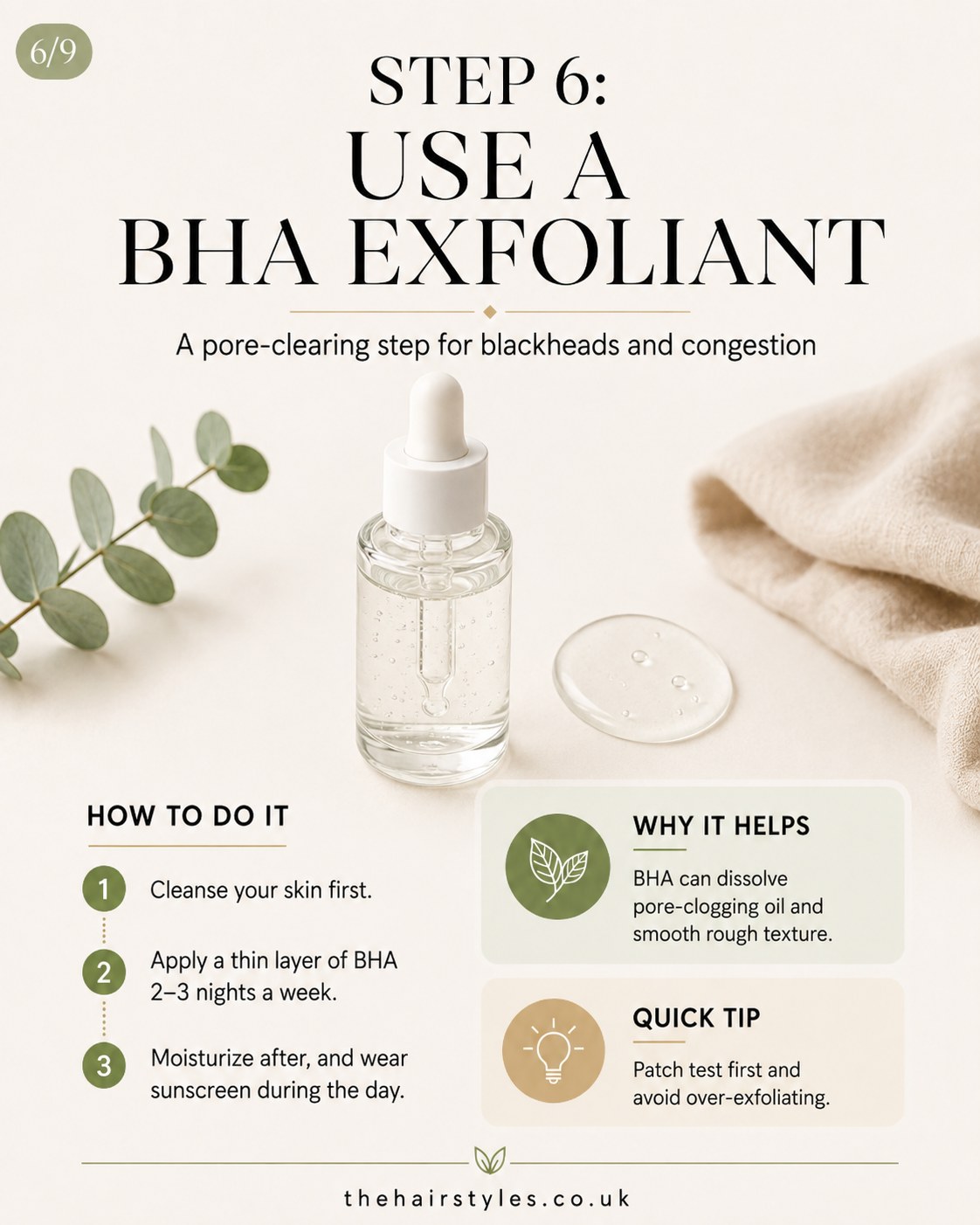 Dropper bottle of BHA exfoliant beside a cloth, a pore-clearing hormonal acne remedy step