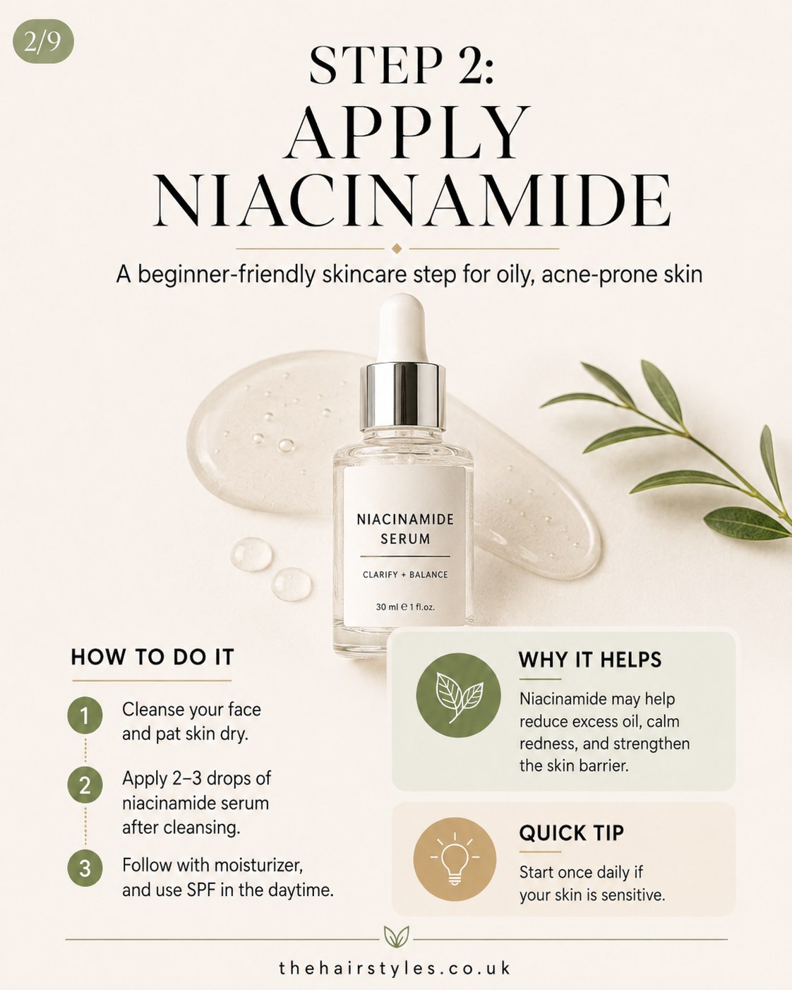 Dropper bottle of niacinamide serum, a gentle skincare step for hormonal acne remedies