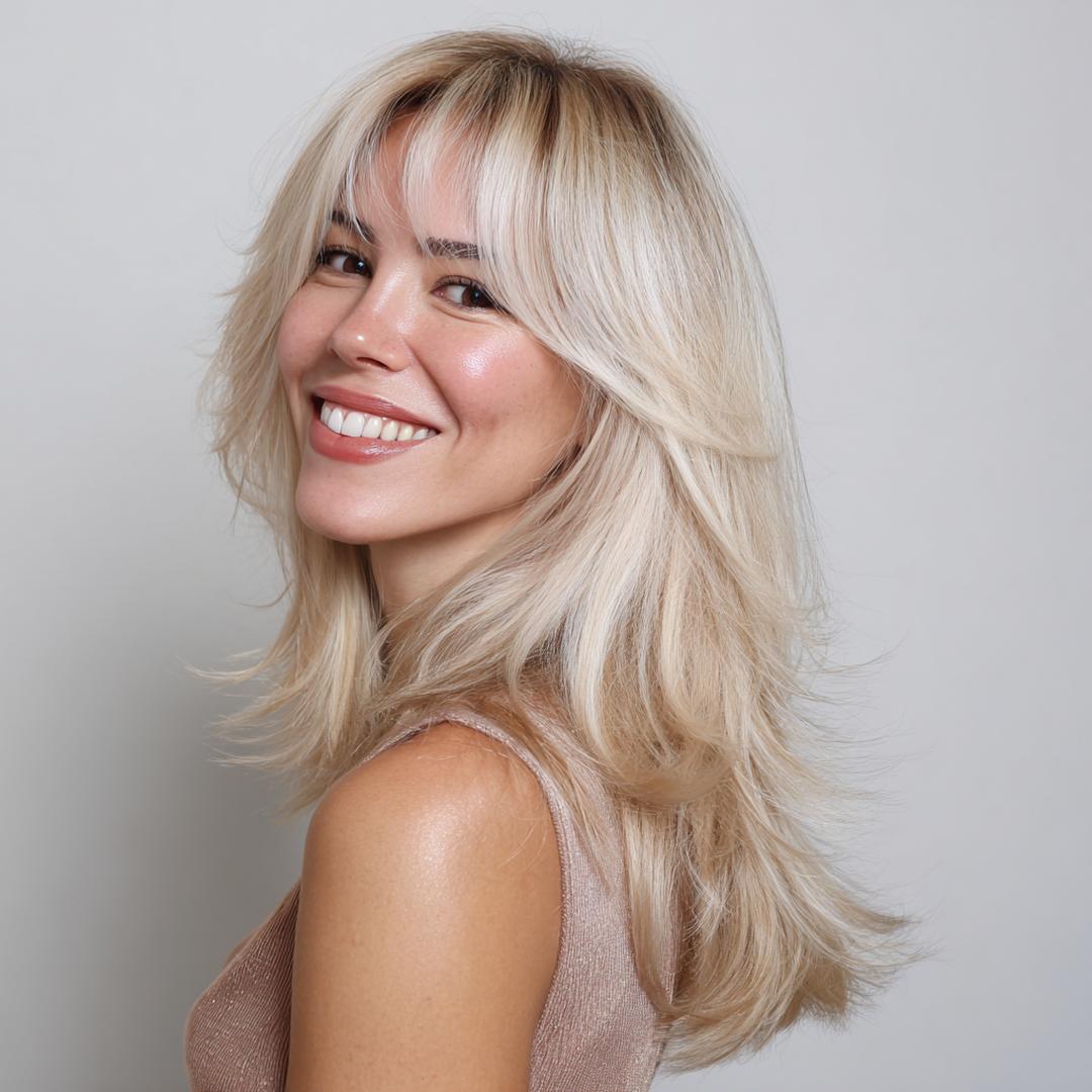 Feathered Layers Ash Blonde Curtain Bangs