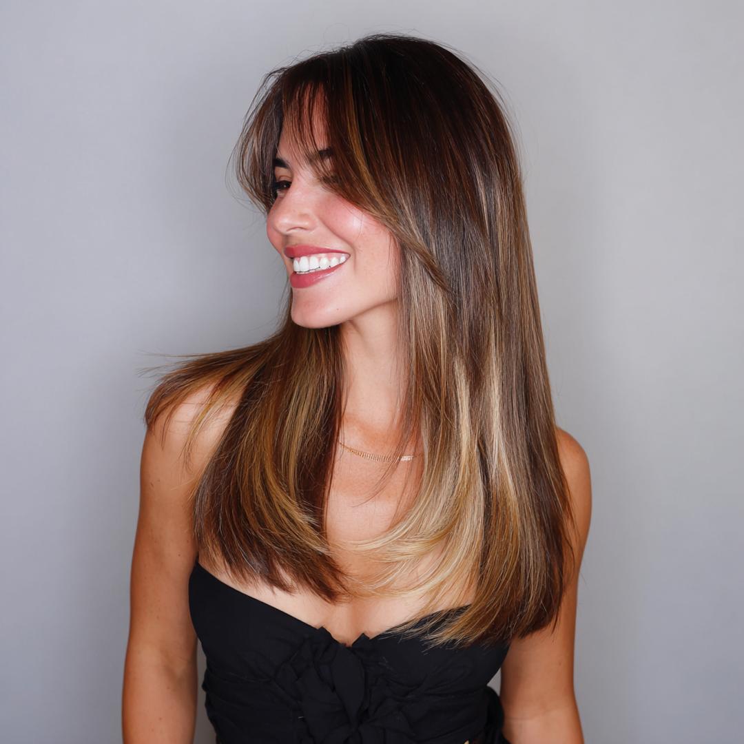 Brunette Balayage Curtain Bangs
