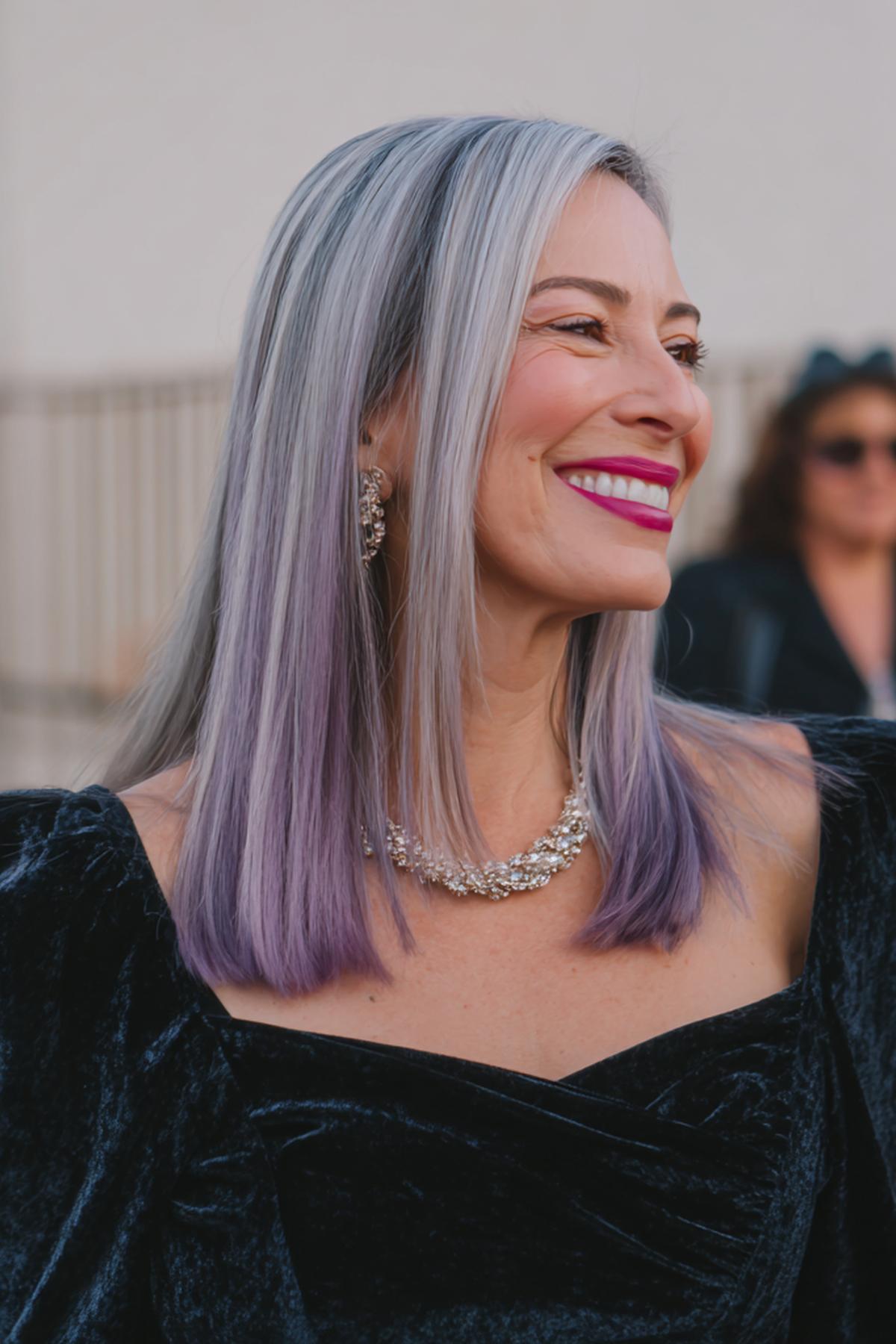 Silver Straight Hair Purple Tips