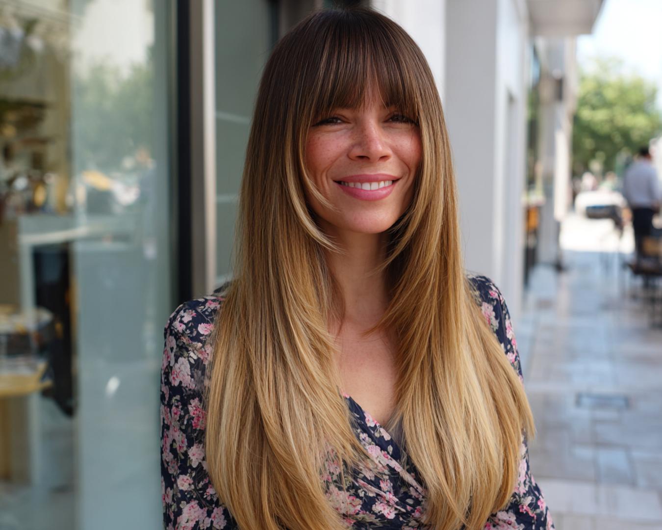 Long Balayage With Full Bangs