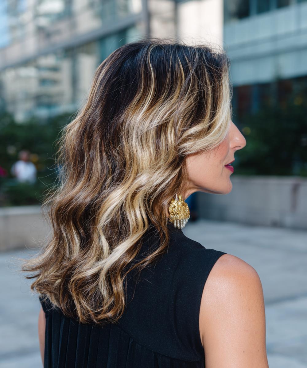 Long Dark Hair Blonde Highlights