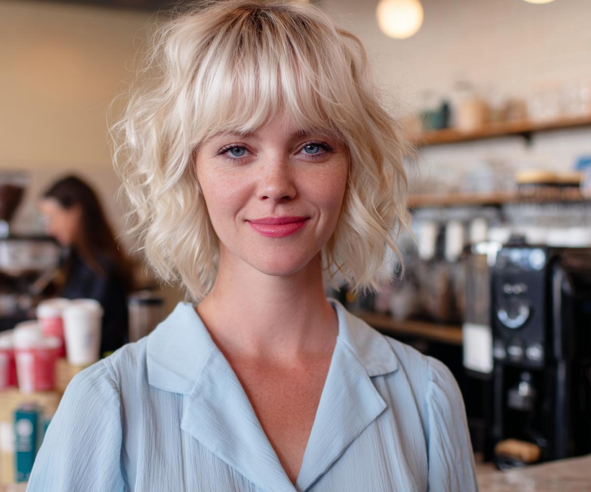Curly Blonde Bob With Bangs