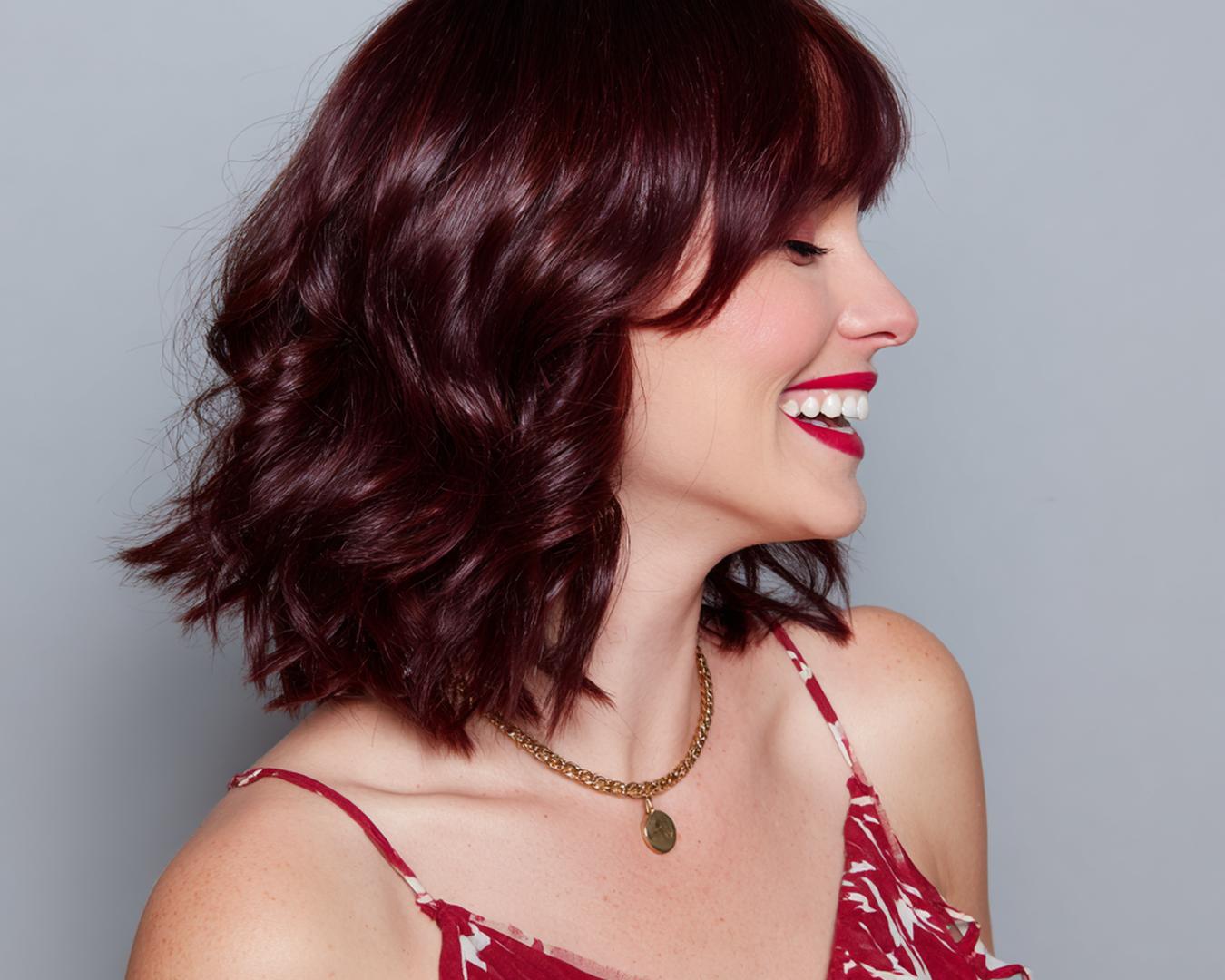Burgundy Wavy Bob With Bangs