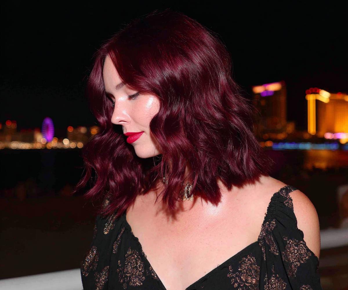 Burgundy Wavy Lob Side Part