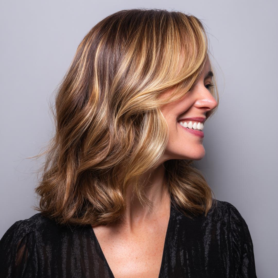Wavy Blonde Lob With Brown Streaks