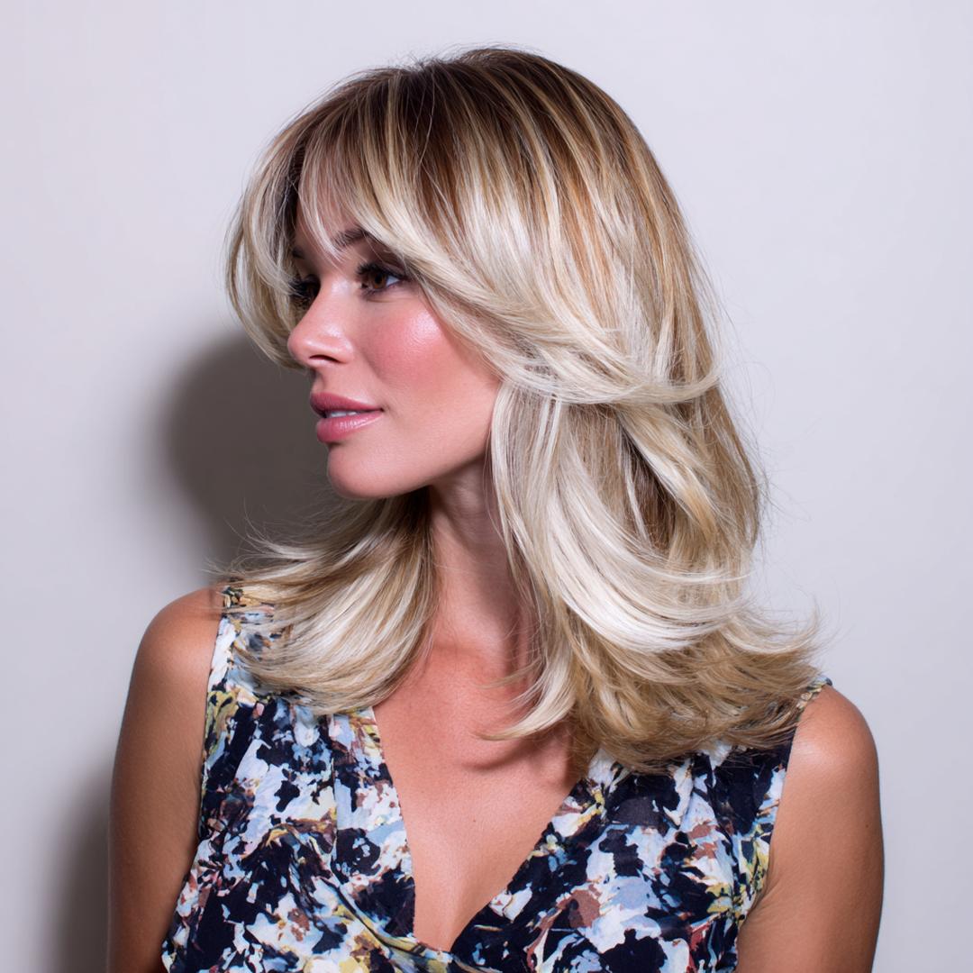 Light Blonde Layered Blowout Curtain Bangs