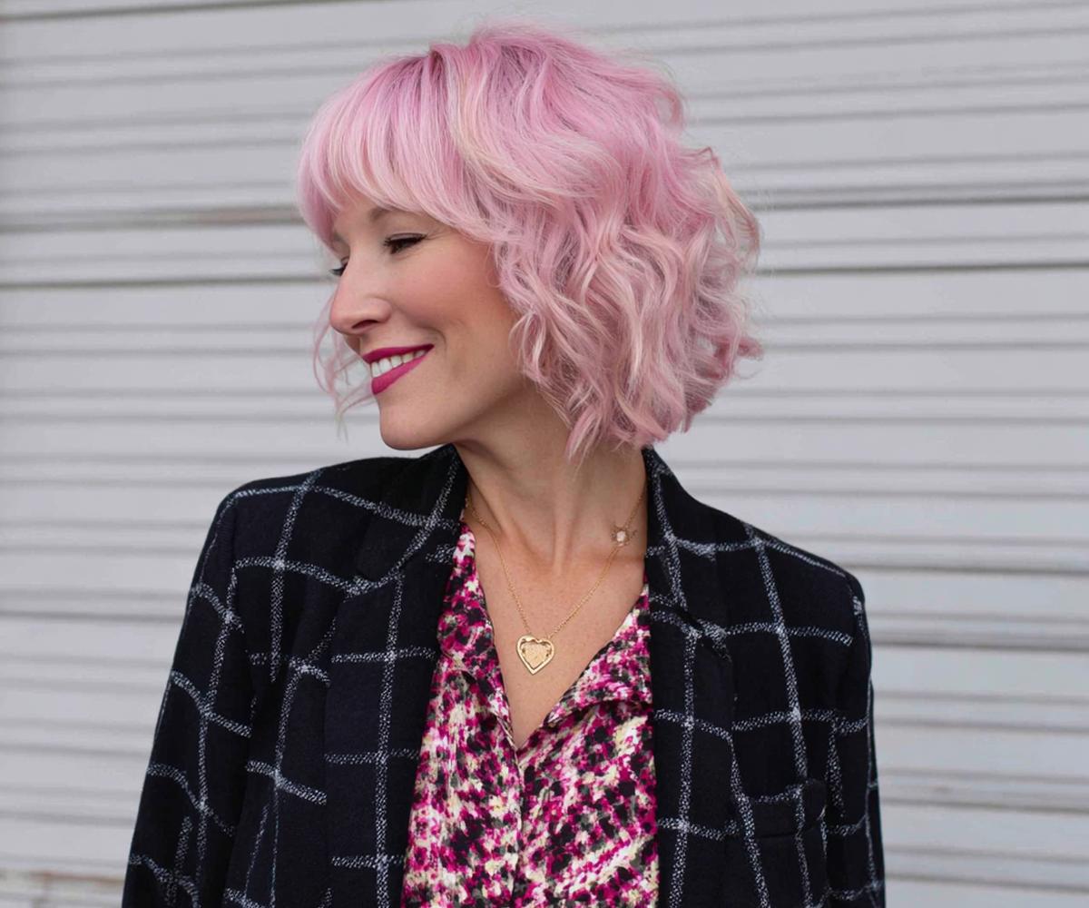 Pink Curly Bob With Bangs