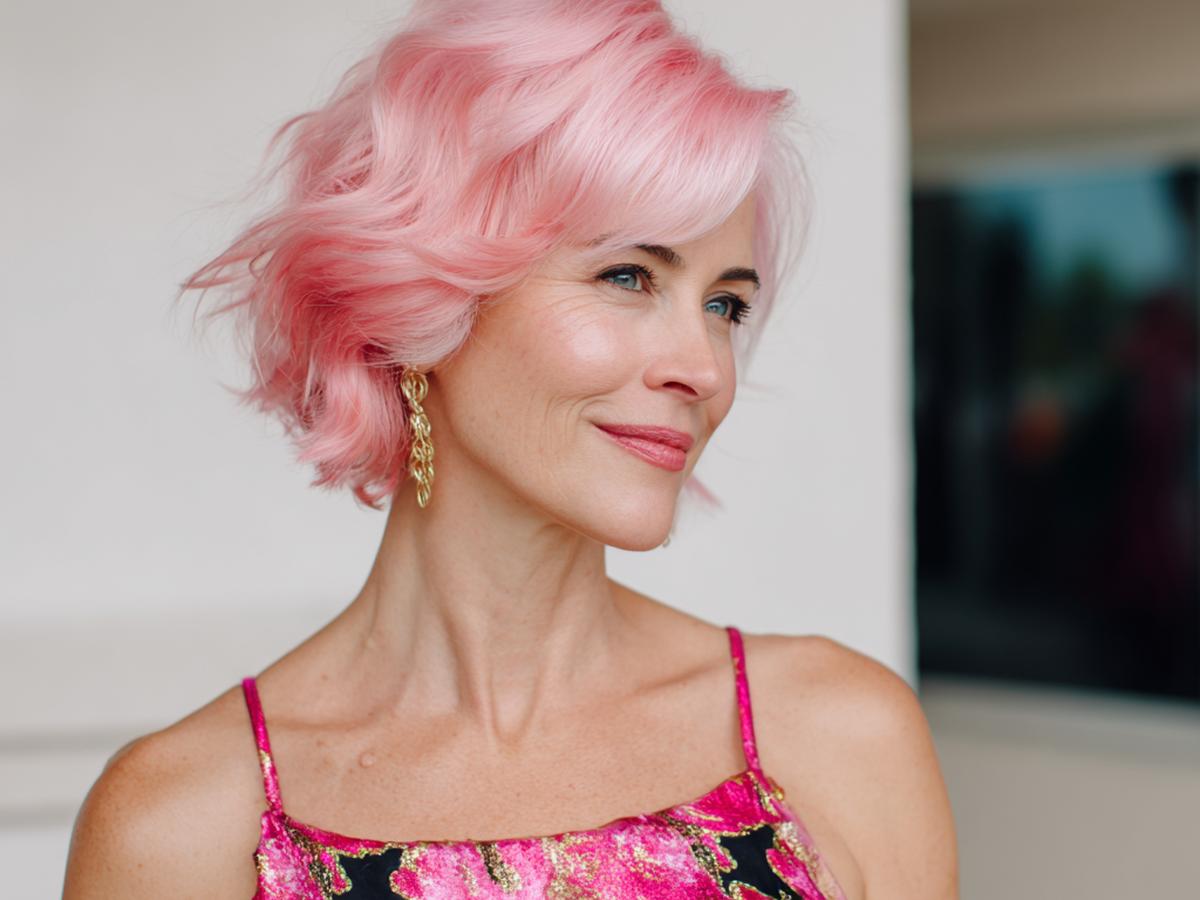 Wavy Side Swept Pink Bob