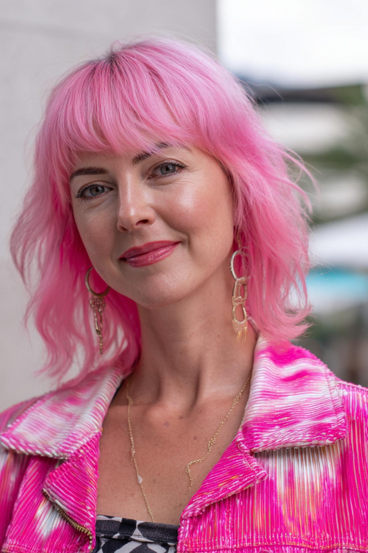 Pink Wavy Shag With Bangs
