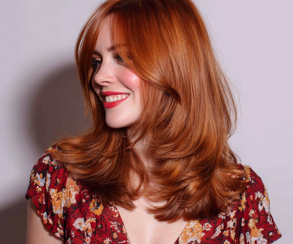 Copper Layered Blowout With Curtain Bangs