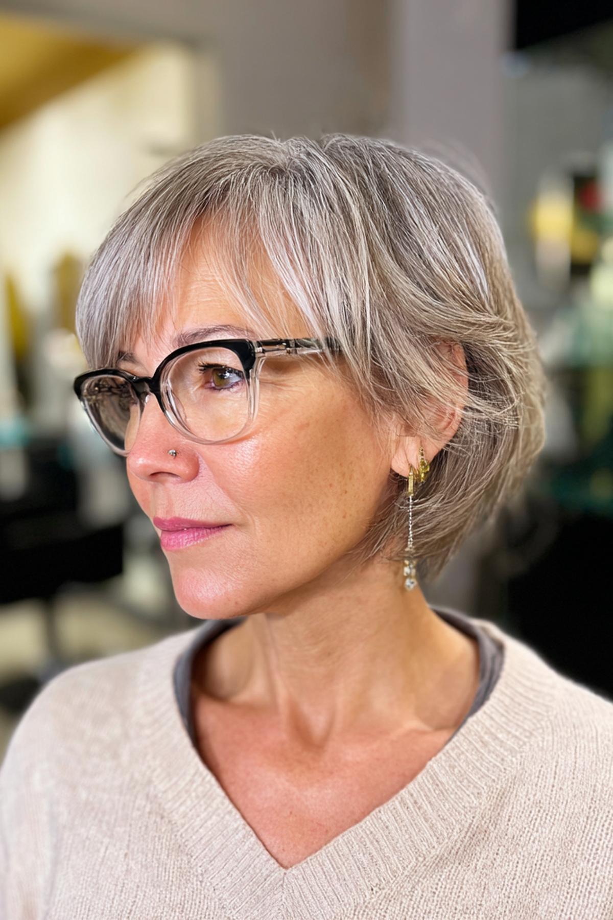 Gray Layered Bob With Fringe